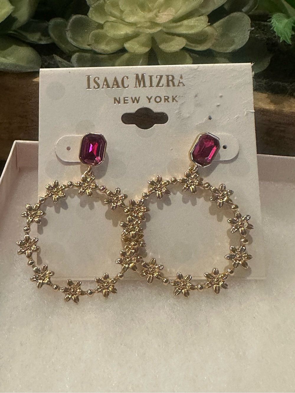 Isaac Mizrahi Gold Floral Hoop Earrings Fuchsia Pink Rhinestone
